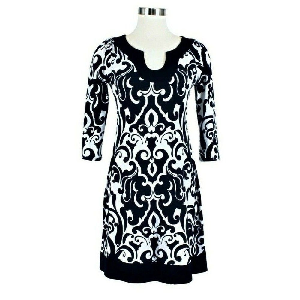 SWEET STORM Dress Knee Length 3/4 Sleeve Filigree Print Blue & White Juniors Med